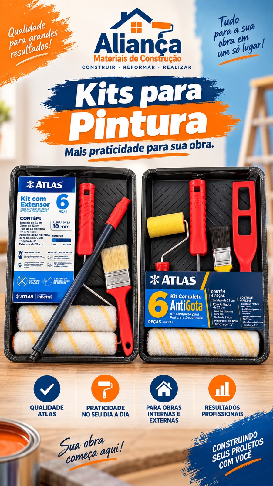 Kits para pintura Atlas disponíveis na Aliança Materiais de Construção