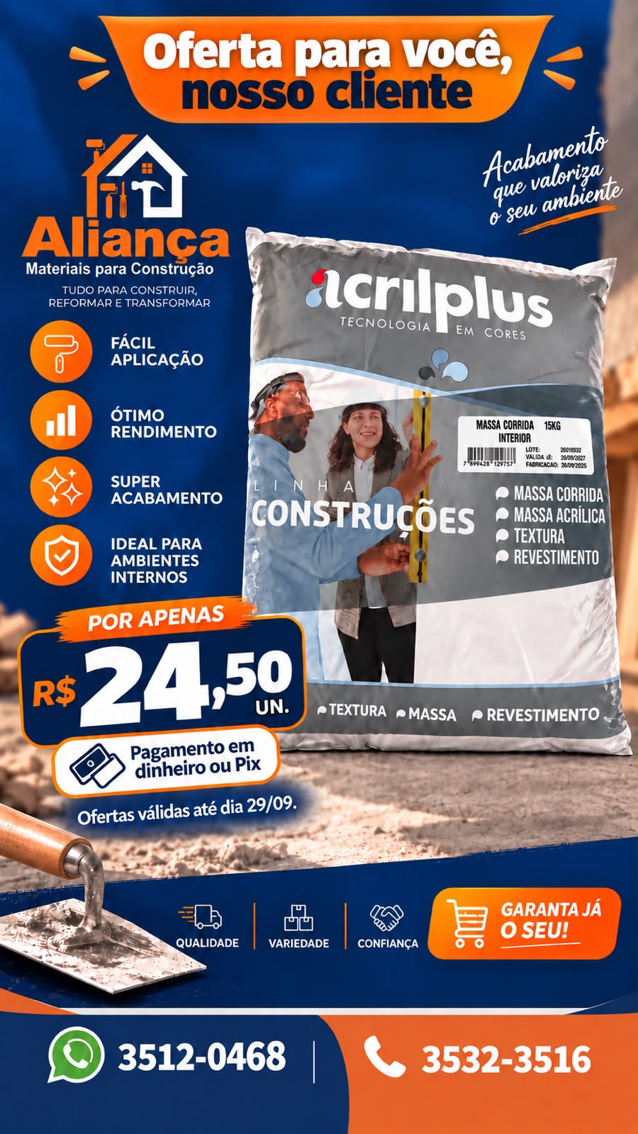Oferta de massa corrida Acril Plus 15 kg por R$ 24,50